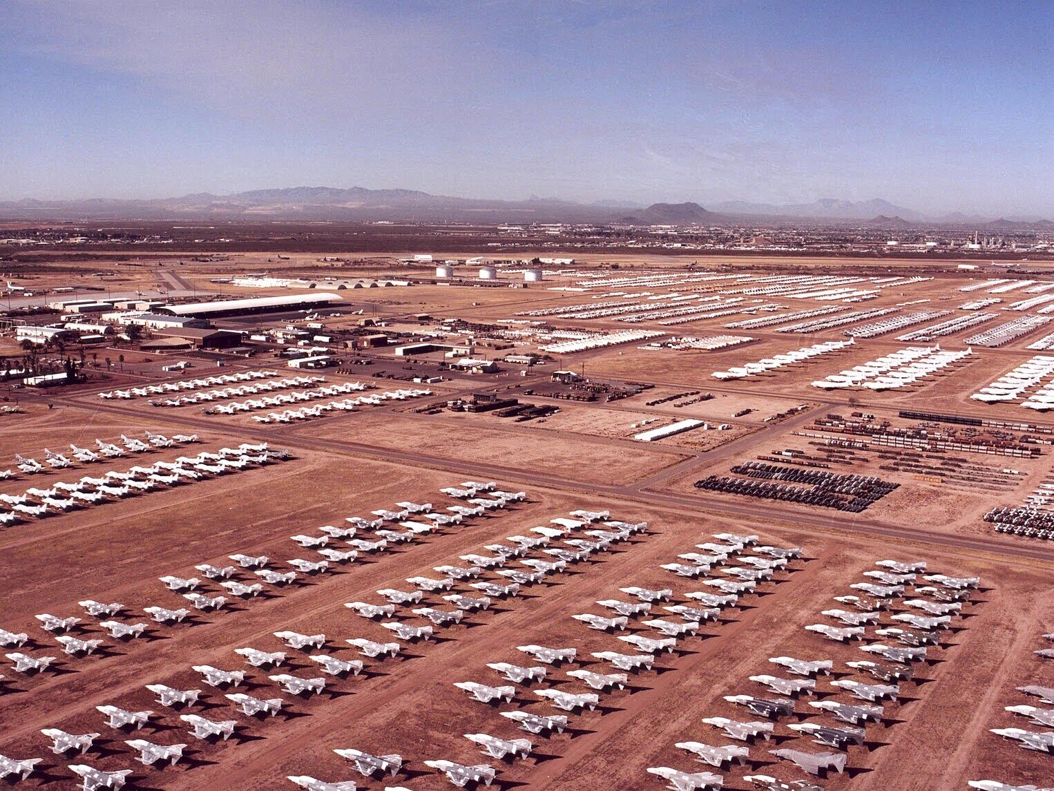 Aircraft dotted around the storage and preservation facility of fighter jets.