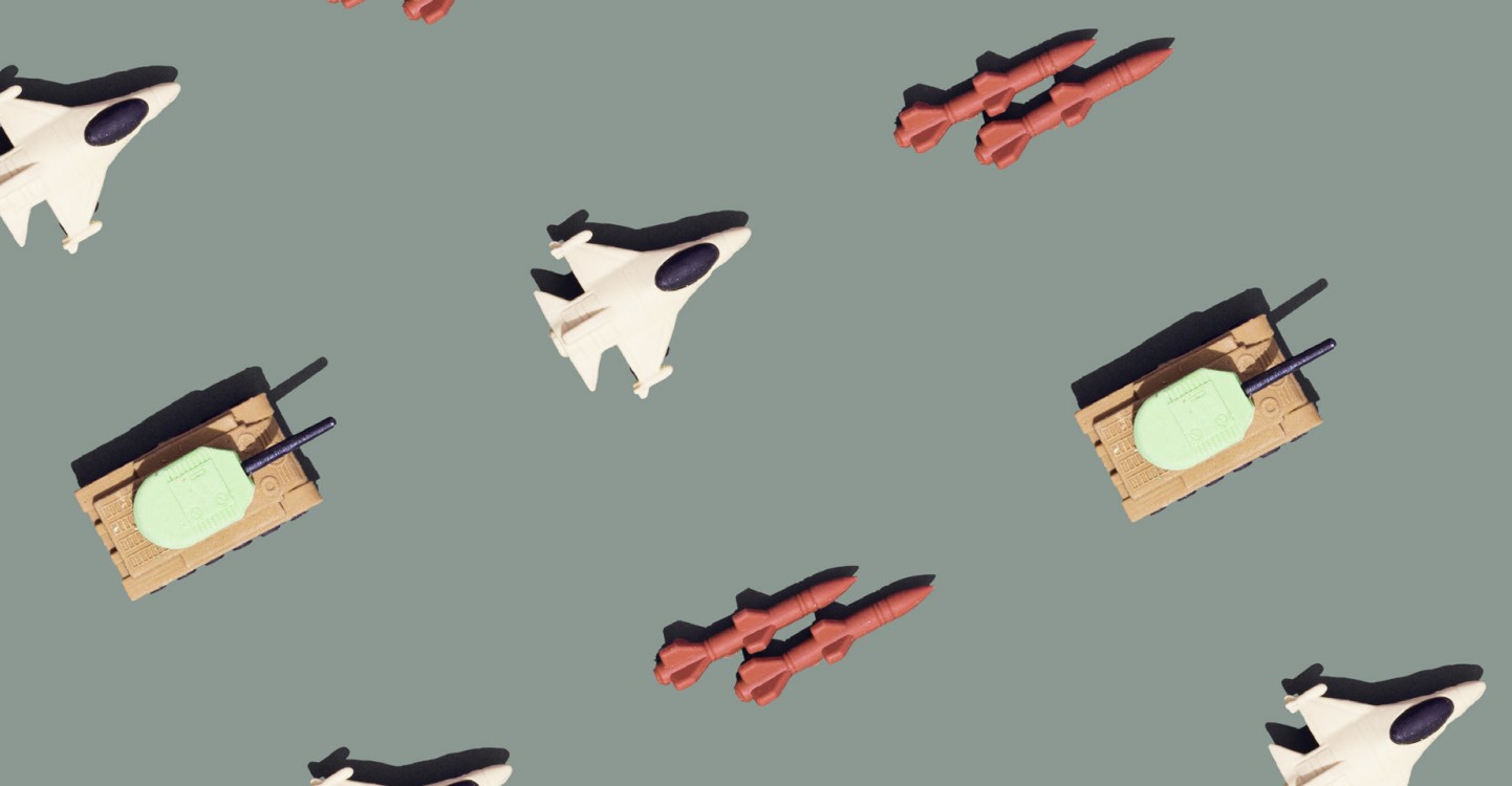 Toy versions of fight jet planes, tanks and missiles.